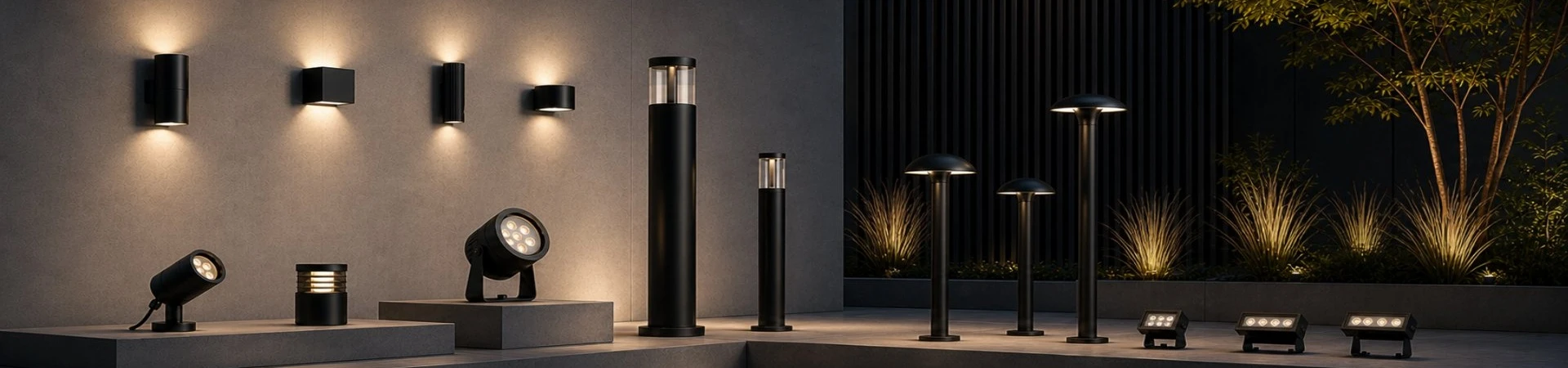 Outdoor lighting product range on display: wall lights, bollards, path lights, spot lights and compact flood lights on a dark concrete wall