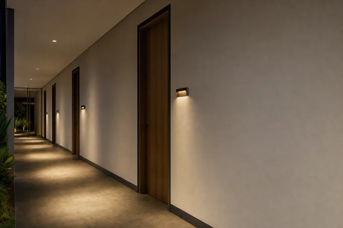 wall-s1-walkway Slim concealed-source wall light washing a covered hotel walkway wall with warm glow at night