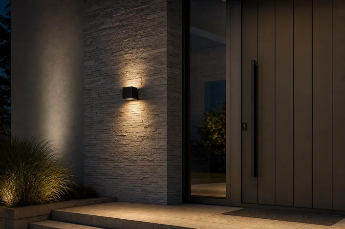 wall-s3-entrance Square matte black wall accent light highlighting the stonework beside a building entrance at night