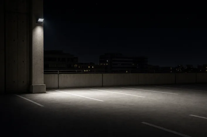 flood-s2-parking Square flood light on a rooftop parking deck column casting one even cool white pool of light over empty parking bays at night